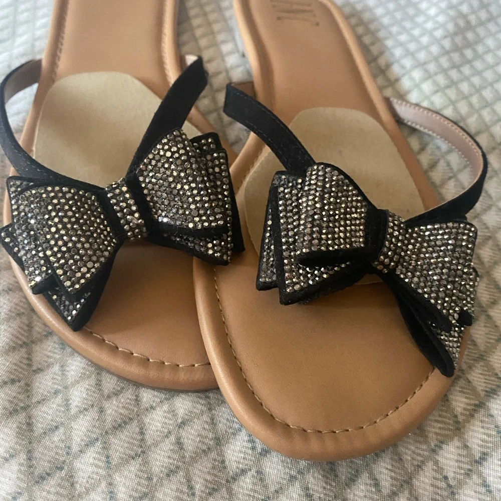 INC International Concepts Black Sandals with Rhinestone Bow - Picture 2 of 4